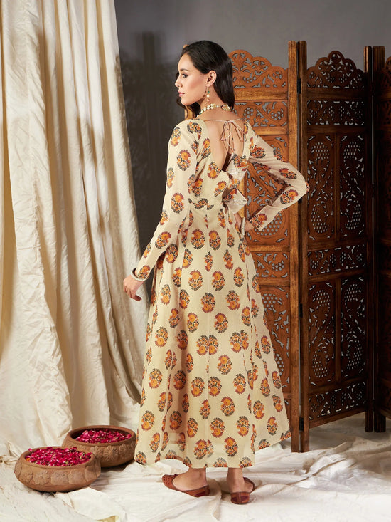 Women Beige Floral Anarkali Maxi Dress