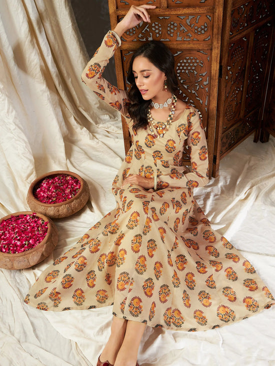 Women Beige Floral Anarkali Maxi Dress