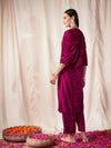 Women Fuchsia Velvet Front Embroidered Straight Kurta