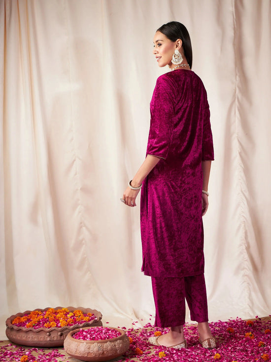 Women Fuchsia Velvet Front Embroidered Straight Kurta