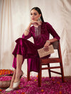 Women Fuchsia Velvet Front Embroidered Straight Kurta