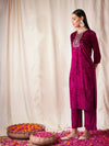 Women Fuchsia Velvet Front Embroidered Straight Kurta