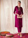 Women Fuchsia Velvet Front Embroidered Straight Kurta