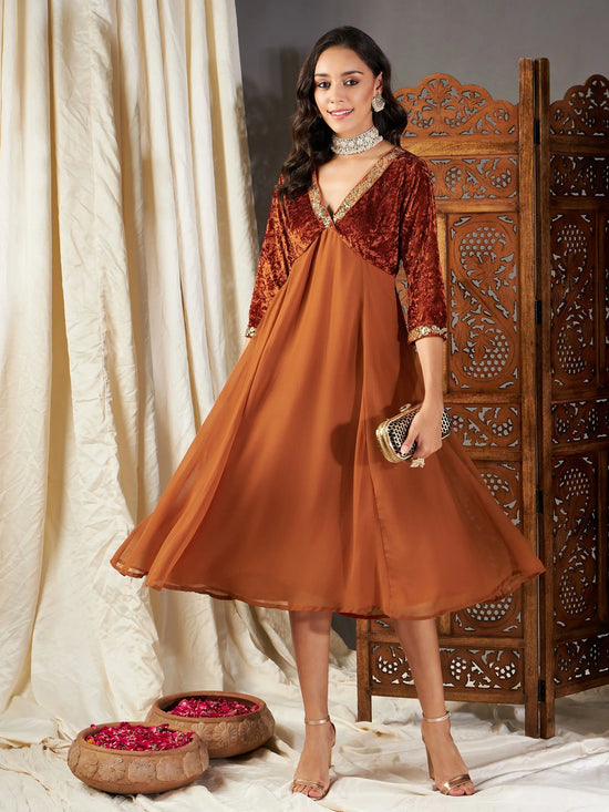 Women Rust Embroidered V-Neck Dress