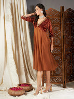 Women Rust Embroidered V-Neck Dress