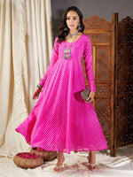 Women Pink Lehariya Anarkali Dress