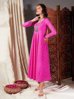 Women Pink Lehariya Anarkali Dress