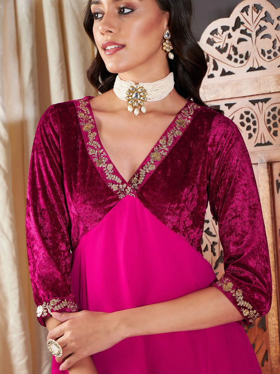 Women Fuchsia Embroidered V-Neck Dress