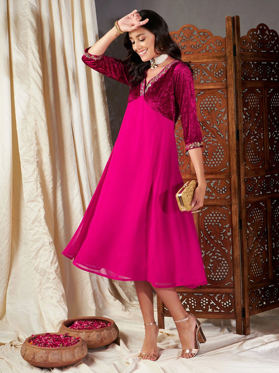 Women Fuchsia Embroidered V-Neck Dress