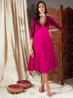 Women Fuchsia Embroidered V-Neck Dress