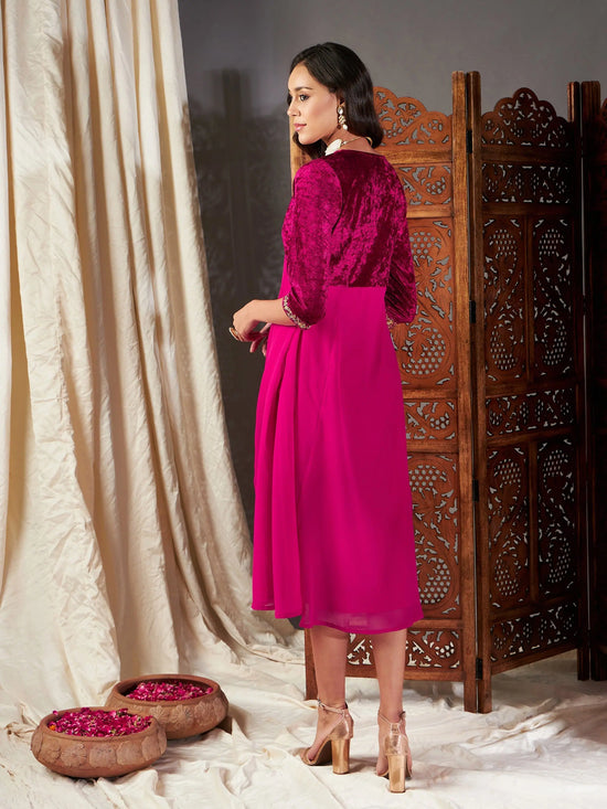 Women Fuchsia Embroidered V-Neck Dress