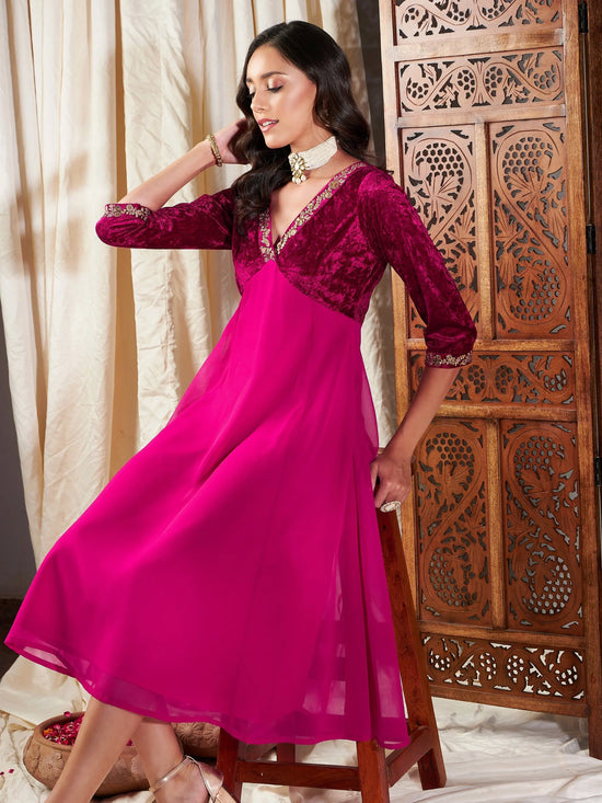 Women Fuchsia Embroidered V-Neck Dress