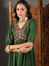 Women Green Embroidered Yoke Gathered Dress