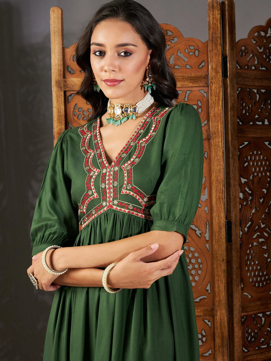 Women Green Embroidered Yoke Gathered Dress