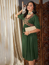 Women Green Embroidered Yoke Gathered Dress