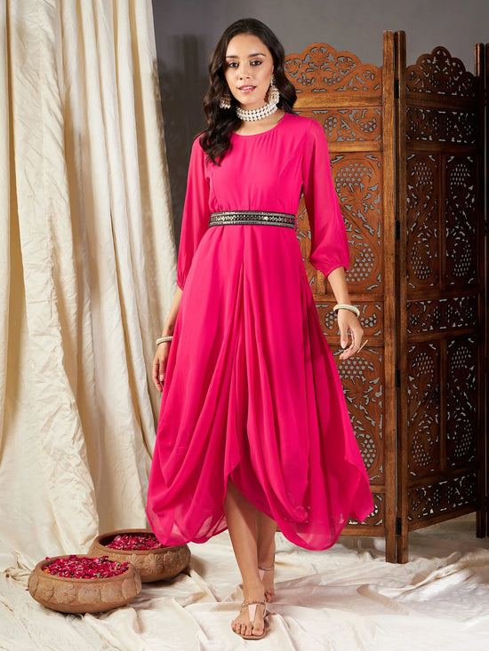 Women Fuchsia Embroidered Belt Dhoti Dress