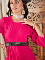 Women Fuchsia Embroidered Belt Dhoti Dress