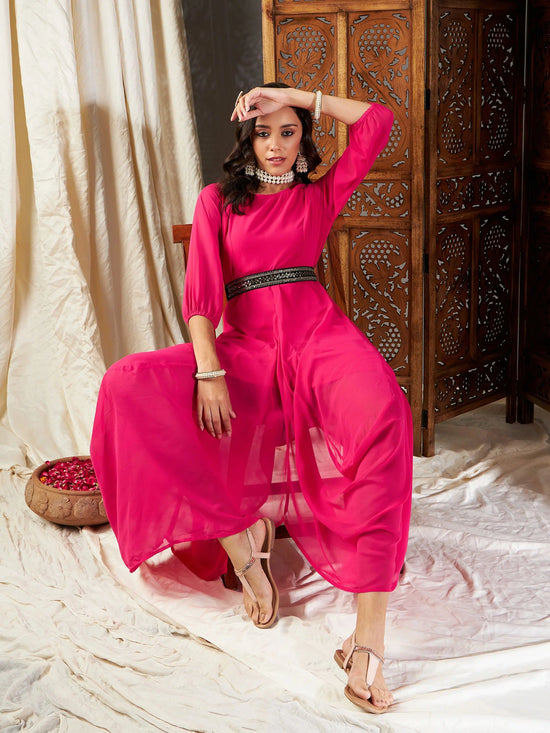 Women Fuchsia Embroidered Belt Dhoti Dress