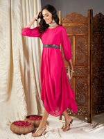 Women Fuchsia Embroidered Belt Dhoti Dress