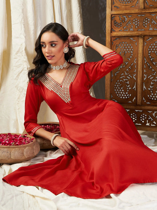 Women Red Zari Embroidered A-Line Dress