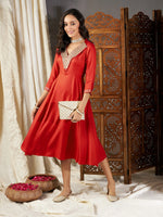 Women Red Zari Embroidered A-Line Dress