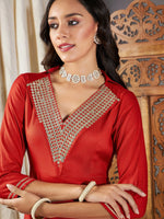 Women Red Zari Embroidered A-Line Dress