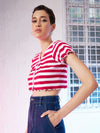 Women Red & Pink Stripes V-Neck Rib Crop Top