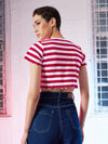 Women Red & Pink Stripes V-Neck Rib Crop Top