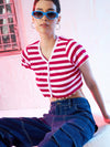 Women Red & Pink Stripes V-Neck Rib Crop Top