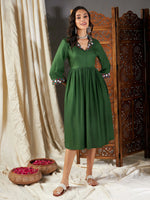 Women Green Embroidered Sleeve Gathered Dress