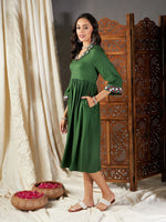 Women Green Embroidered Sleeve Gathered Dress