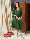 Women Green Embroidered Sleeve Gathered Dress