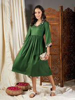 Women Green Embroidered Sleeve Gathered Dress