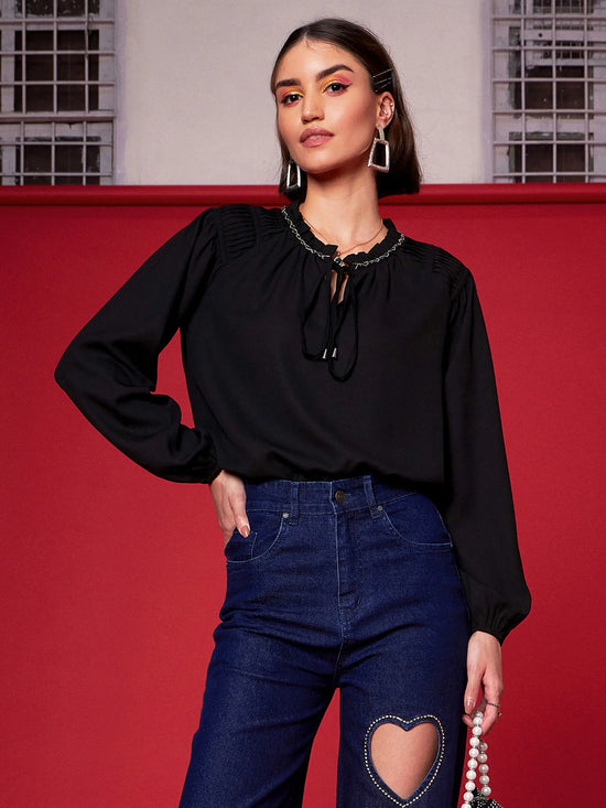 Women Black Embellished Puff Sleeves Top