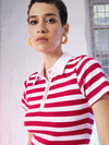 Women Red & Pink Stripes Crop Polo T-Shirt