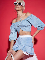 Women Ice Blue Denim Puff Sleeve Crop Top-SFTOPS41488XS