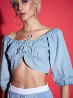 Women Ice Blue Denim Puff Sleeve Crop Top-SFTOPS41488XS