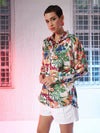 Women Beige Satin Floral Oversized Shirt