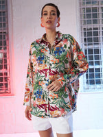 Women Beige Satin Floral Oversized Shirt