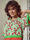 Women Green Floral Gathered Sleeves Top With Pants