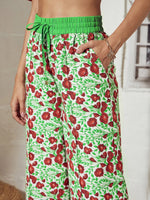 Women Green Floral Gathered Sleeves Top With Pants