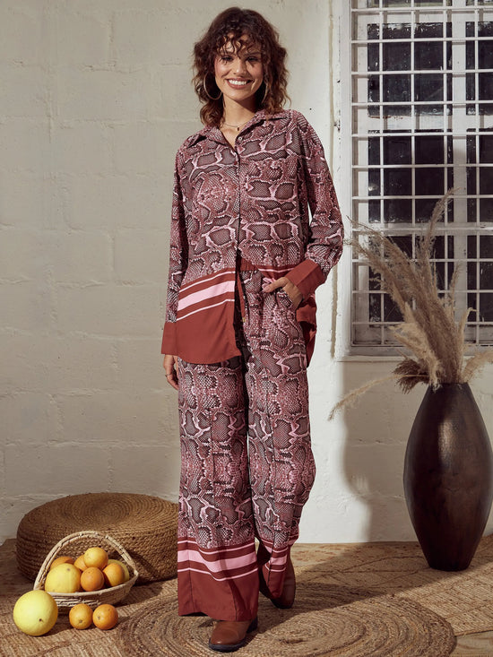 Women Pink Snake Print Oversized Shirt With Pants