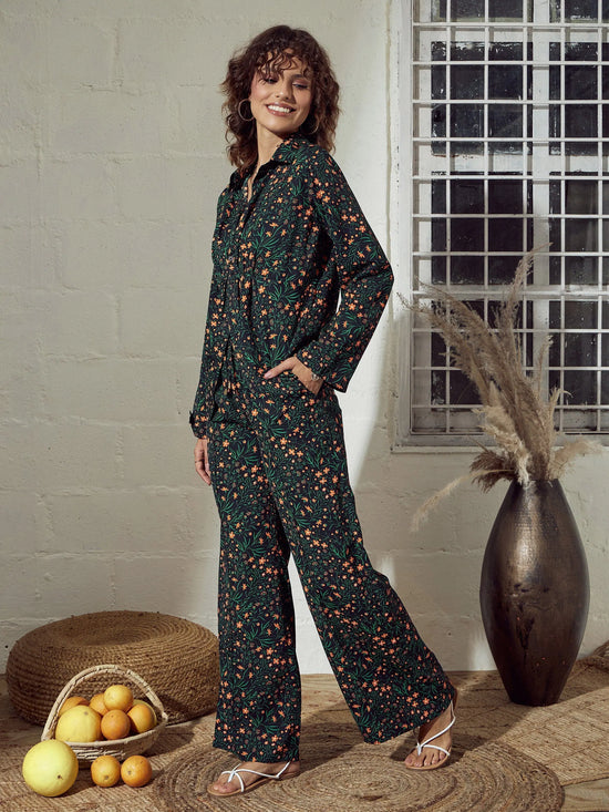 Women Green Ditsy Floral Twisted Top With Pants