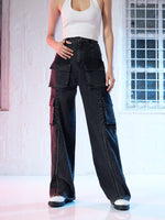 Women Black Chain Detail Cargo Straight Jeans