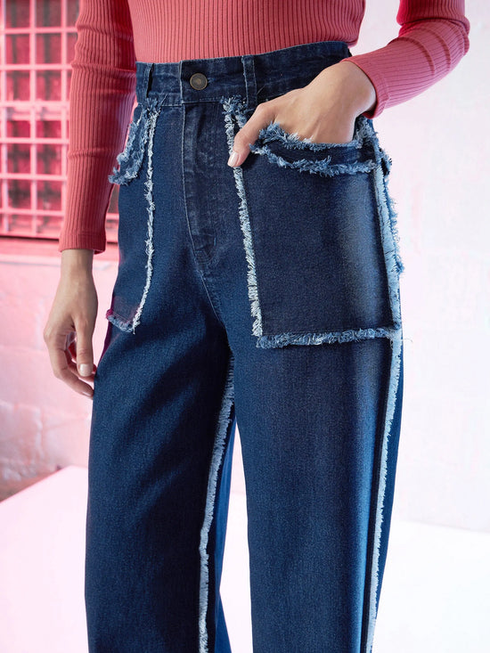 Women Blue Fringe Detail Straight Fit Jeans