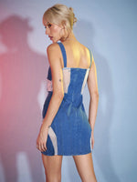 Women Navy Denim Mesh Detail Strappy Dress-SFDRSS11519XS