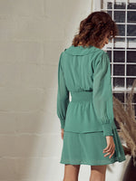 Women Sea Green Smoked Waist Flared Mini Dress