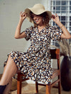 Women Beige Abstract Print Short Tiered Dress