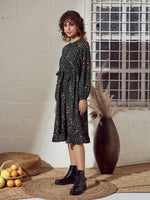 Women Green Ditsy Floral Belted Midi Dress