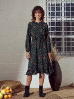 Women Green Ditsy Floral Belted Midi Dress